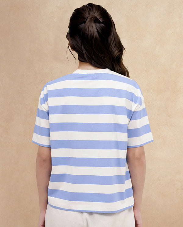 Rareism Women Prandant Blue Cotton Elastane Fabric Crew Neck Knit Stripe T-Shirt
