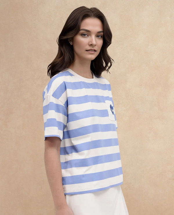 Rareism Women Prandant Blue Cotton Elastane Fabric Crew Neck Knit Stripe T-Shirt