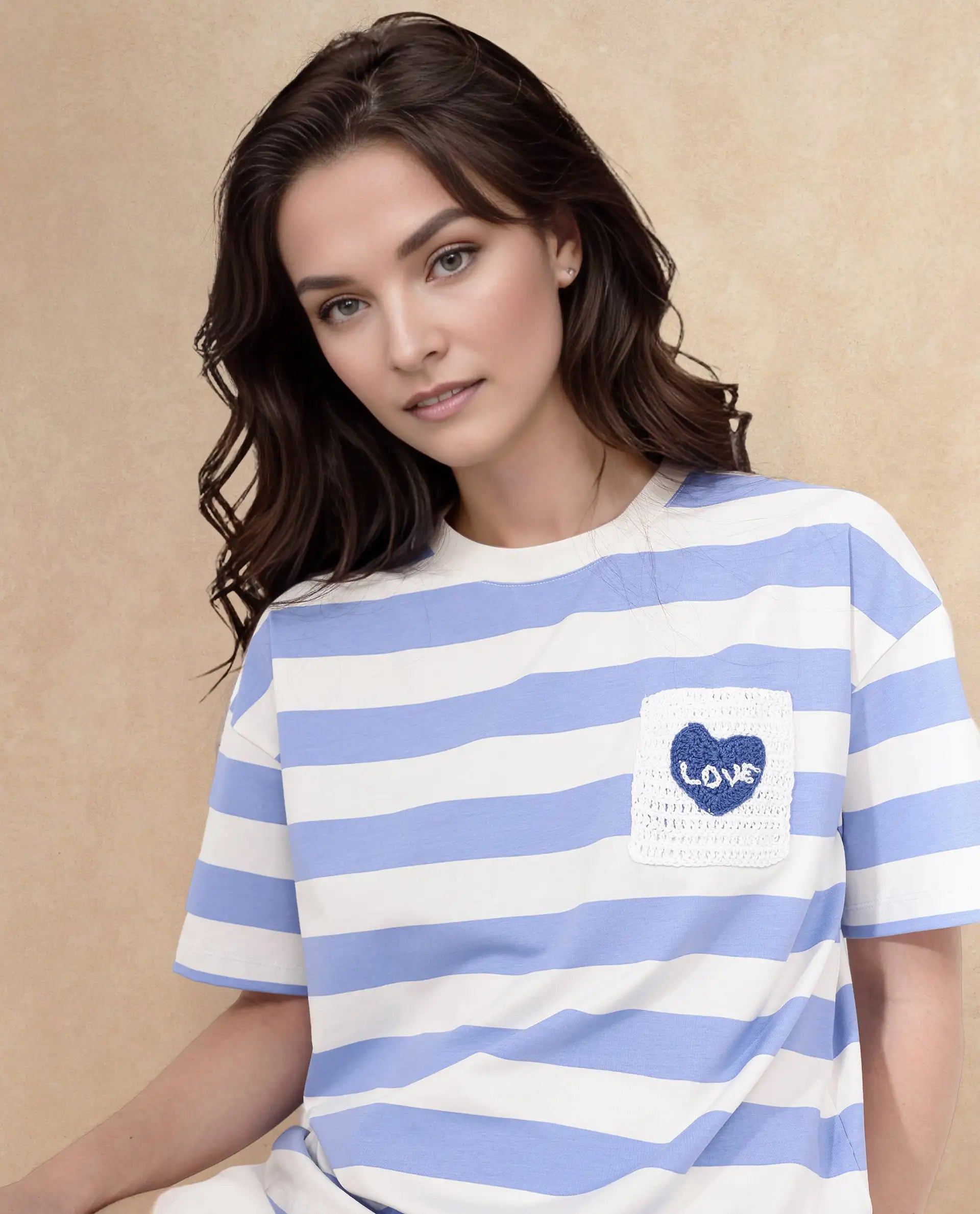 Rareism Women Prandant Blue Cotton Elastane Fabric Crew Neck Knit Stripe T-Shirt