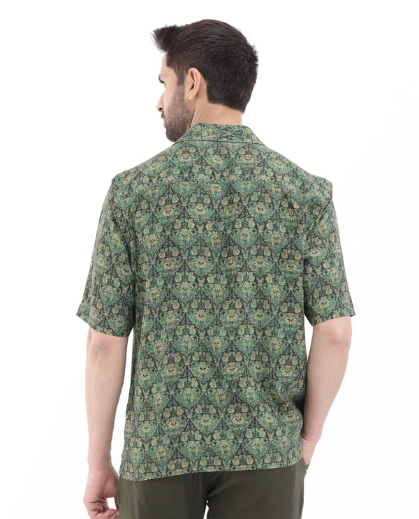 Rare Rabbit Men's Rabenn Dark Green Viscose Fabric Cuban Collar Half Sleeves Boxy Fit Tropical Print Shirt