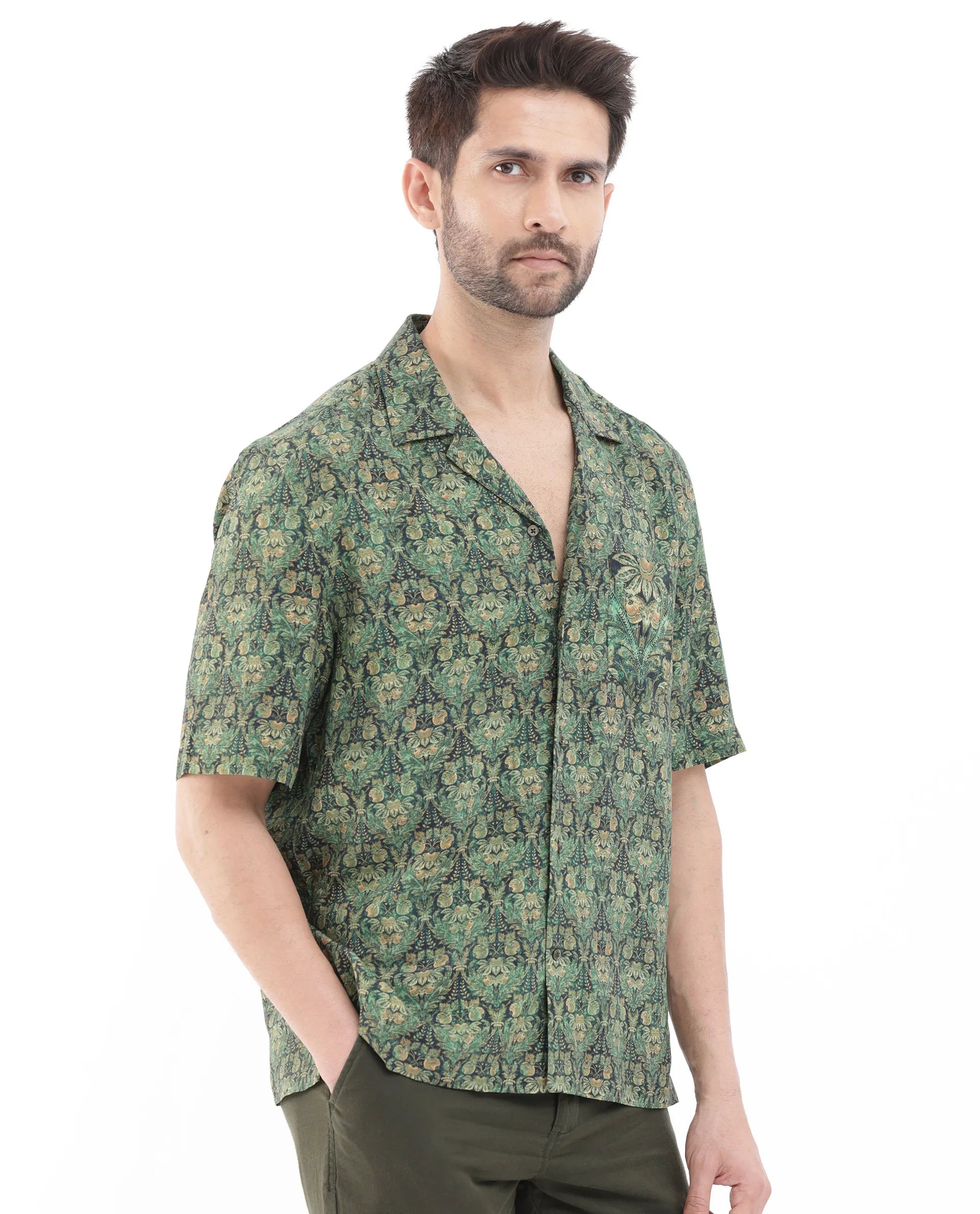 Rare Rabbit Men's Rabenn Dark Green Viscose Fabric Cuban Collar Half Sleeves Boxy Fit Tropical Print Shirt