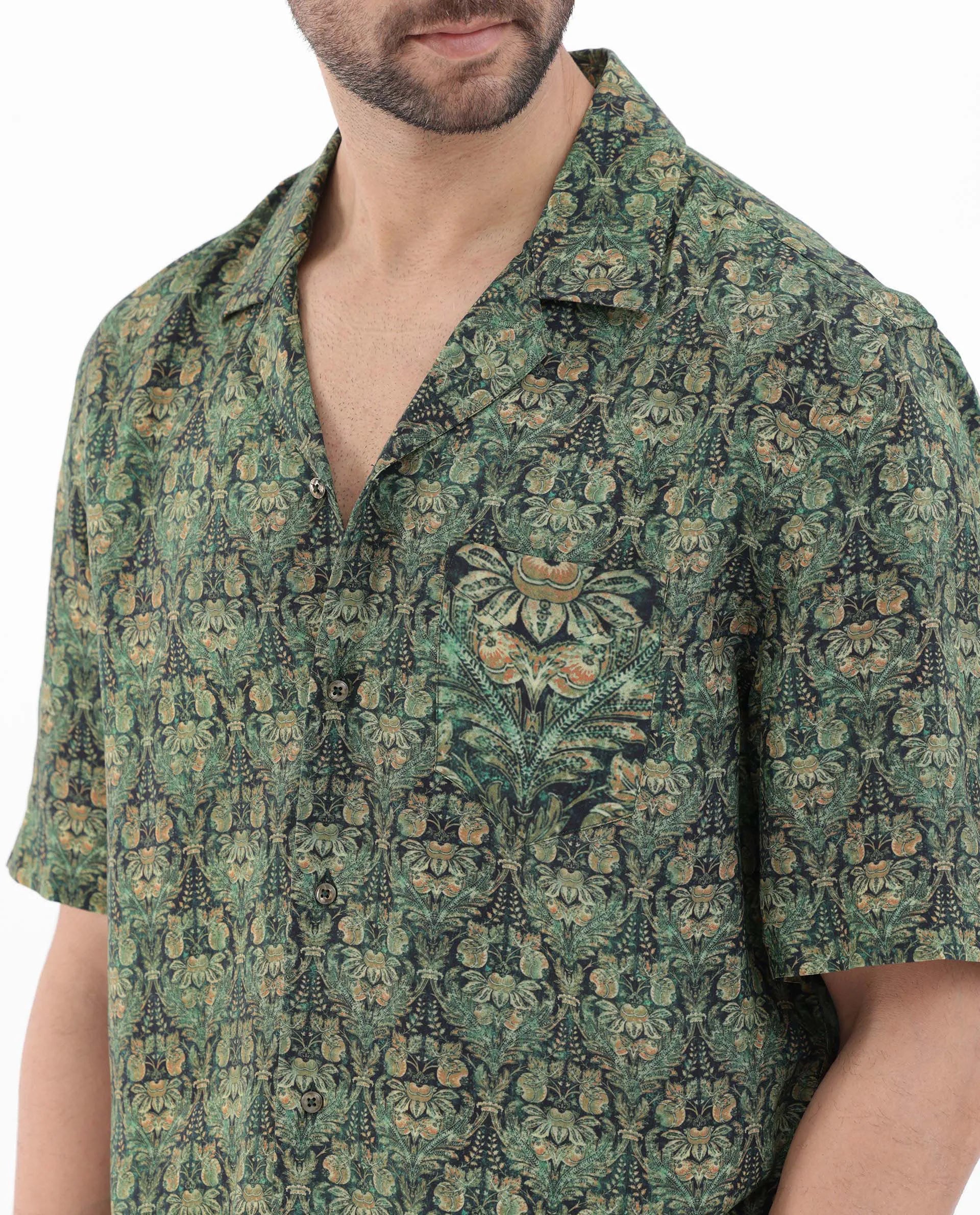 Rare Rabbit Men's Rabenn Dark Green Viscose Fabric Cuban Collar Half Sleeves Boxy Fit Tropical Print Shirt
