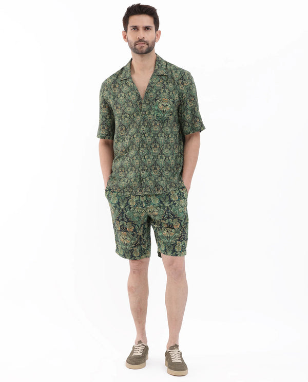 Rare Rabbit Men's Rabenn Dark Green Viscose Fabric Cuban Collar Half Sleeves Boxy Fit Tropical Print Shirt