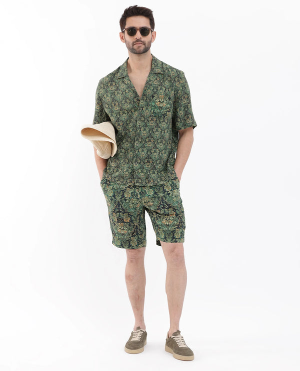 Rare Rabbit Men's Rabenn Dark Green Viscose Fabric Cuban Collar Half Sleeves Boxy Fit Tropical Print Shirt