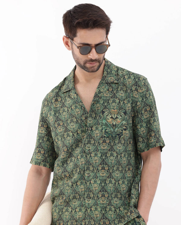 Rare Rabbit Men's Rabenn Dark Green Viscose Fabric Cuban Collar Half Sleeves Boxy Fit Tropical Print Shirt