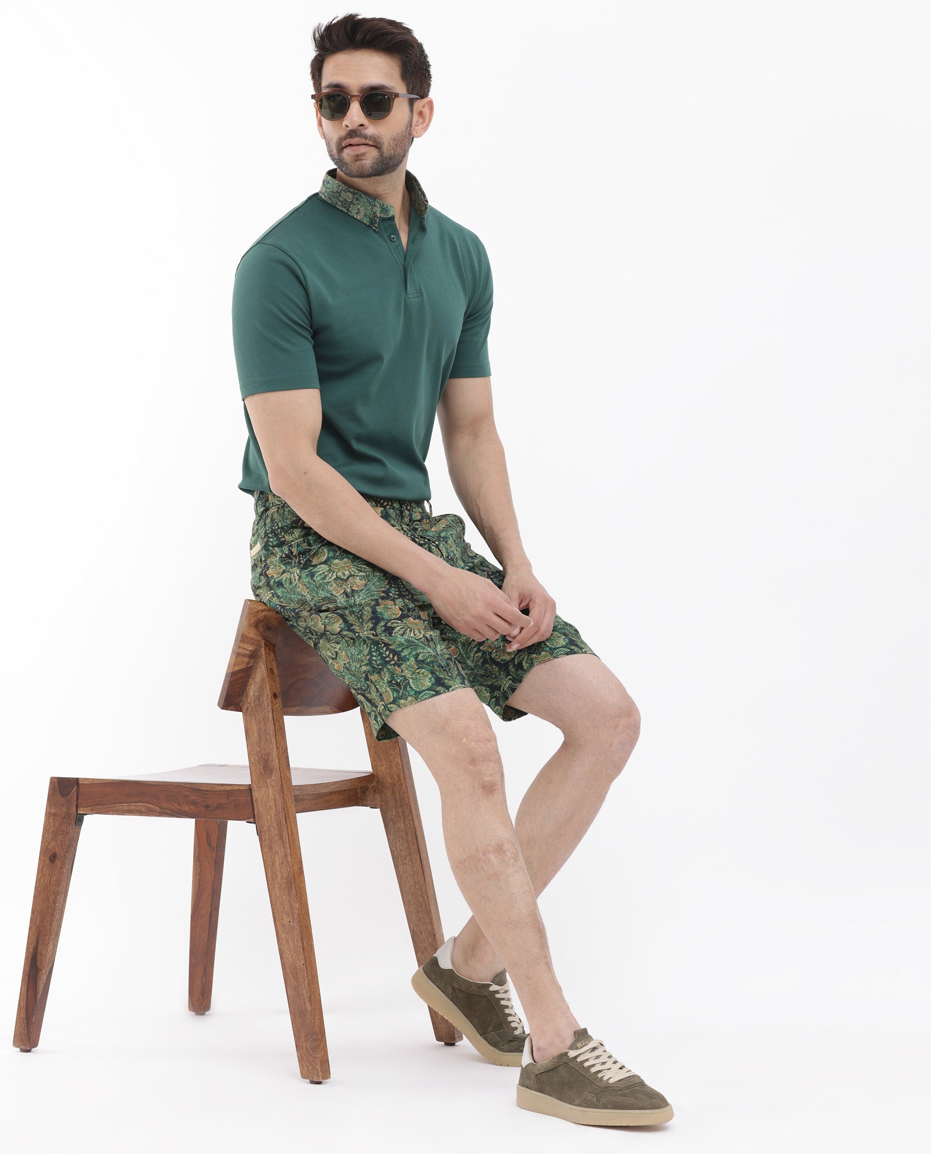Rare Rabbit Mens Rabeno Dark Green Viscose Fabric Tropical Printed Shorts
