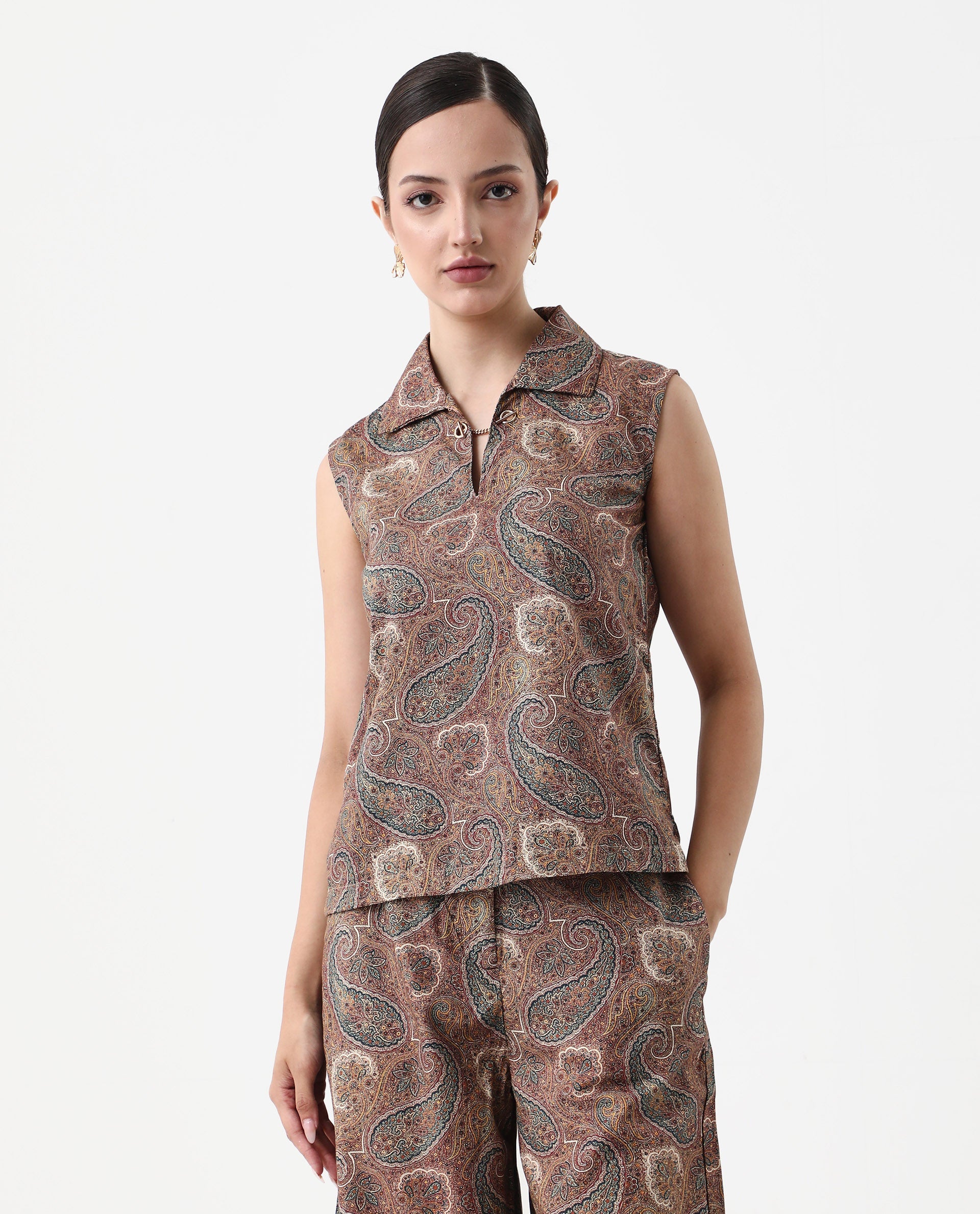Rareism Women Ronoro-T Multi 100% Cotton Fabric Sleeveless Collared Neck Boxy Fit Paisley Print Top