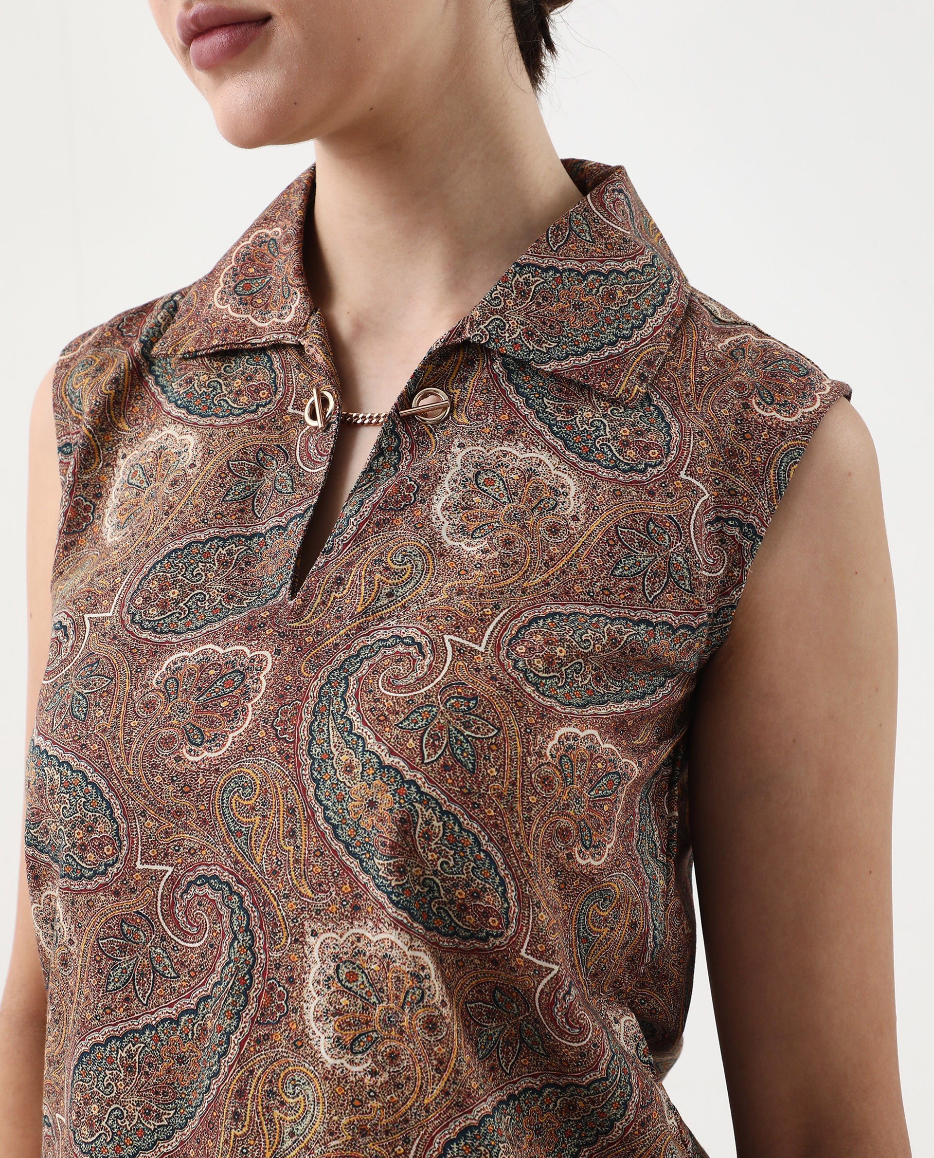 Rareism Women Ronoro-T Multi 100% Cotton Fabric Sleeveless Collared Neck Boxy Fit Paisley Print Top