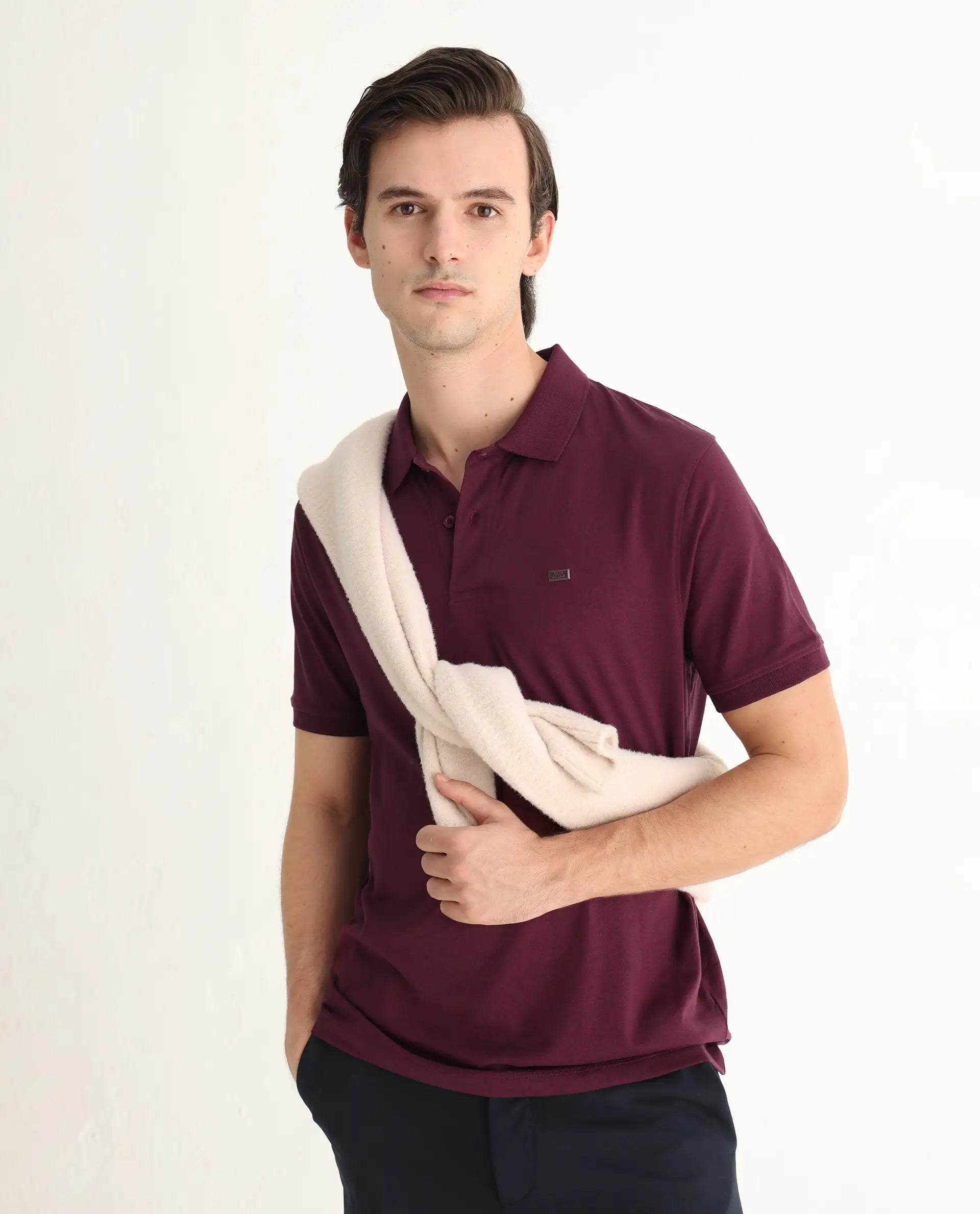 Rare Rabbit Men Schop Light Maroon Cotton Blend Short Sleeve Regular Fit Solid Polo