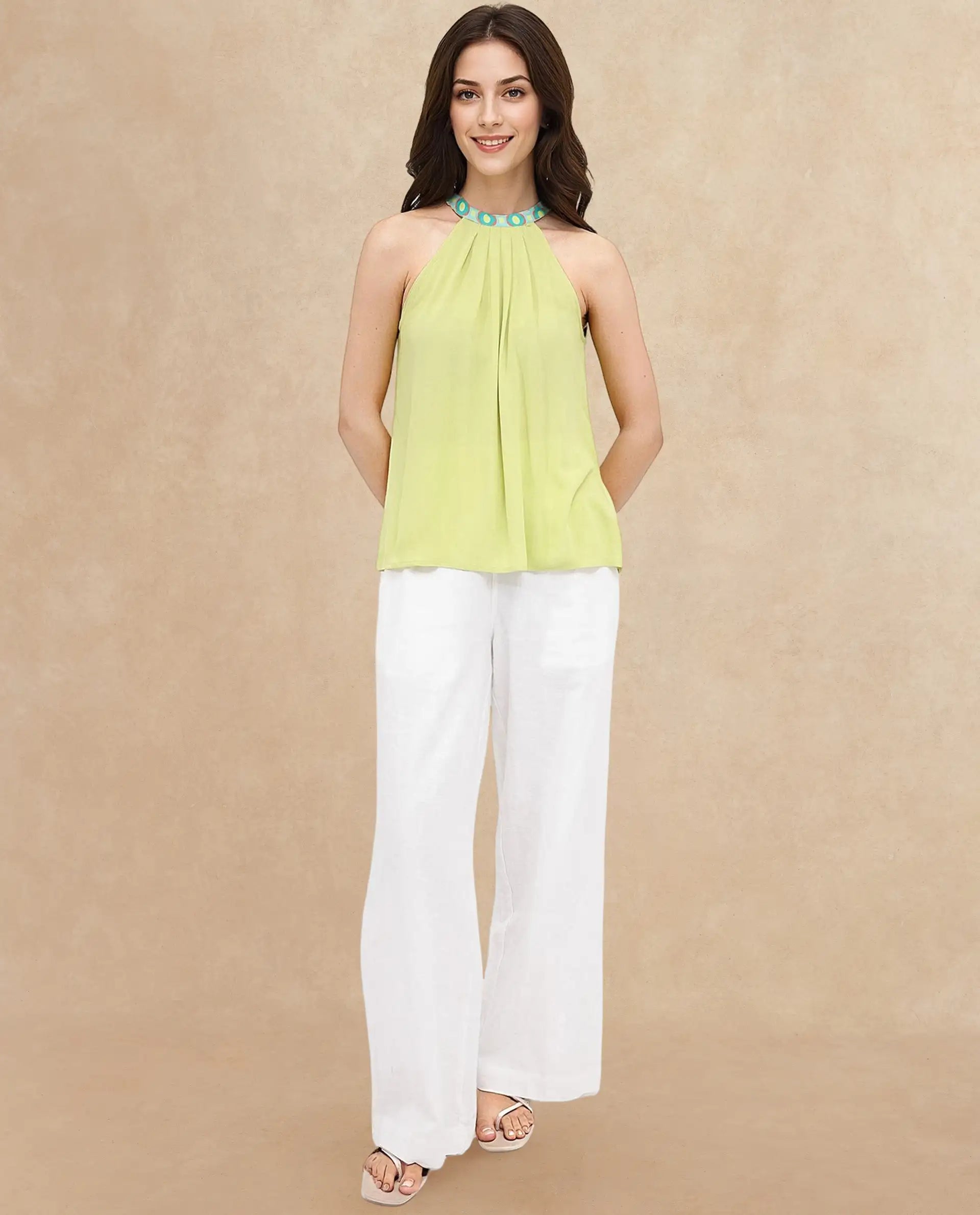 Rareism Women Syrac Light Green Sleeveless Halter Neck Tie Up Plain Top