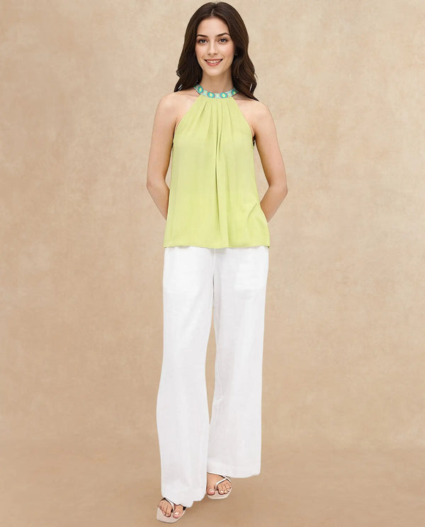 Rareism Women Syrac Light Green Sleeveless Halter Neck Tie Up Plain Top
