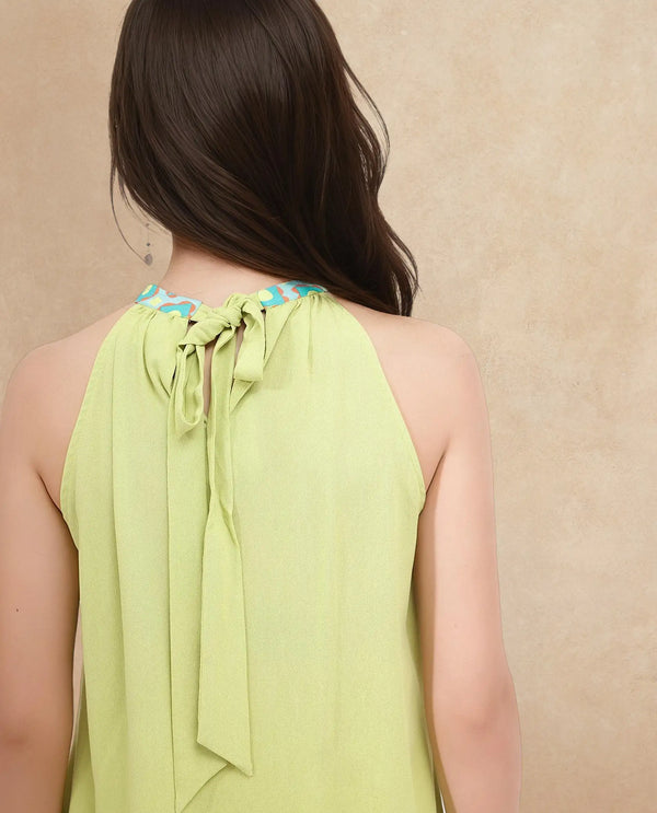 Rareism Women Syrac Light Green Sleeveless Halter Neck Tie Up Plain Top