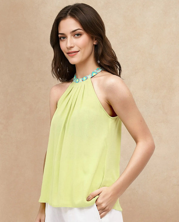 Rareism Women Syrac Light Green Sleeveless Halter Neck Tie Up Plain Top