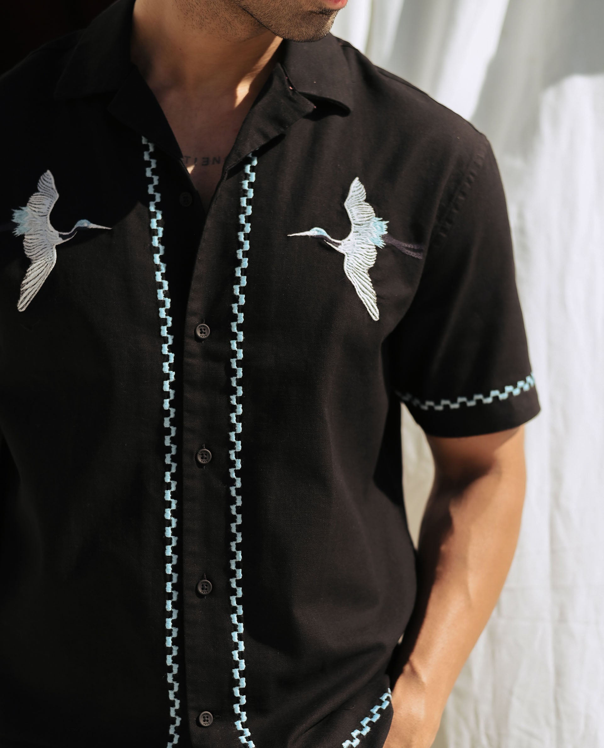 Rare Rabbit Men Yoko Black Cotton Fabric Cuban Collar Embroidered Shirt