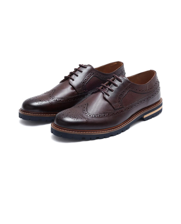 Rare Rabbit Mens Brox Maroon Derby Lace-Up Brogue Detailing Leather Formal Shoes