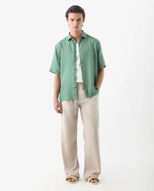 Rare Rabbit Mens Linex-1 SS Light Green Linen Excel Fabric Regular Fabric Short Sleeve Boxy Fit Solid Shirt