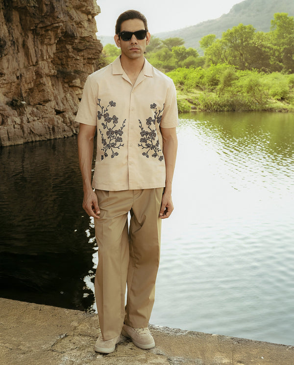 Rare Rabbit Men Gary Beige Cotton Linen Fabric Short Sleeve Cuban Collared Embroidered Shirt