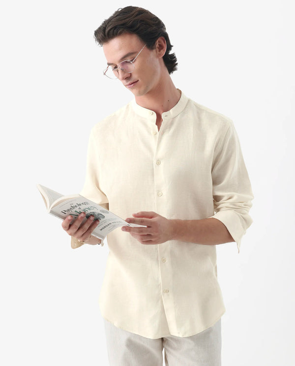 Rare Rabbit Men Cinex Ls-25 Off White Linen Blend Fabric Full Sleeve Mandarin Collar Button Closure Regular Fit Plain Shirt