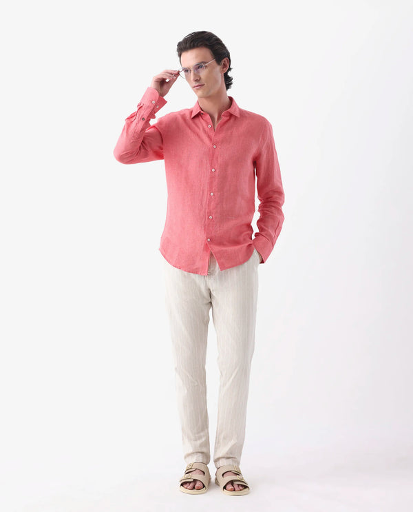 Rare Rabbit Men's Dano Beige Cotton Linen Stripes Trousers