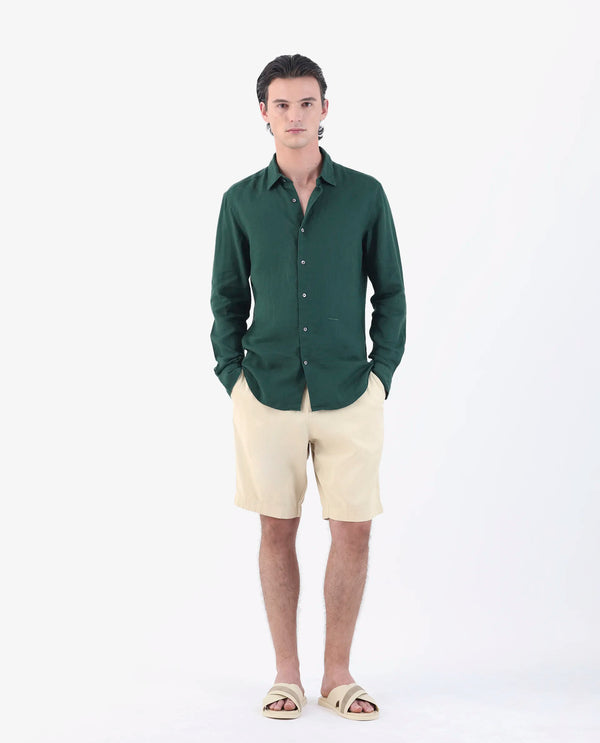 Rare Rabbit Men's Edam Beige Lyocell Cotton Linen Fabric Knee Length Relaxed Fit Solid Shorts