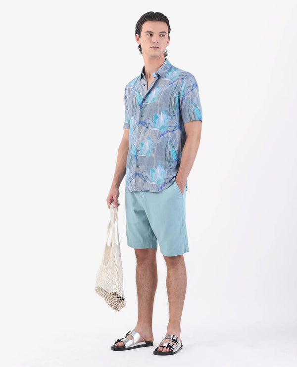 Rare Rabbit Men's Edam Turq Lyocell Cotton Linen Fabric Knee Length Relaxed Fit Solid Shorts
