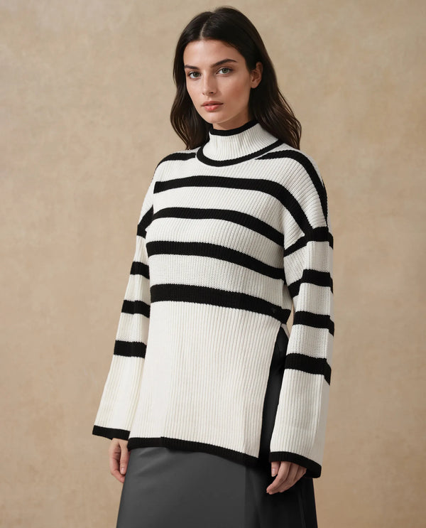 Rareism Women Titania Black Acrylic Fabric Oversized Fit Stripes Sweater