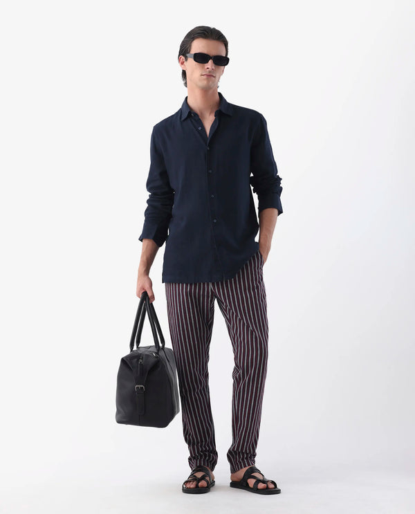 Rare Rabbit Mens Kimo Maroon Cotton Linen Blend Regular Fit Stripe Trouser