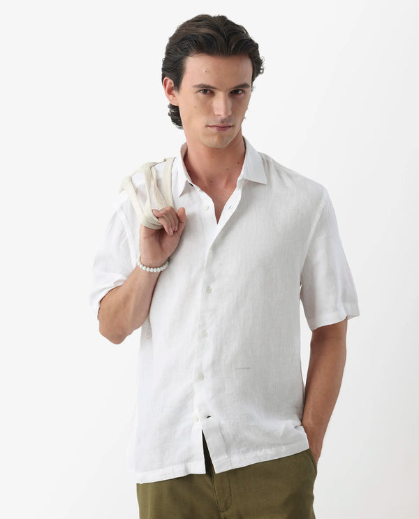 Rare Rabbit Men's Linex-1 SS White Linen Excel Fabric Half Sleeves Boxy Fit Solid Shirt