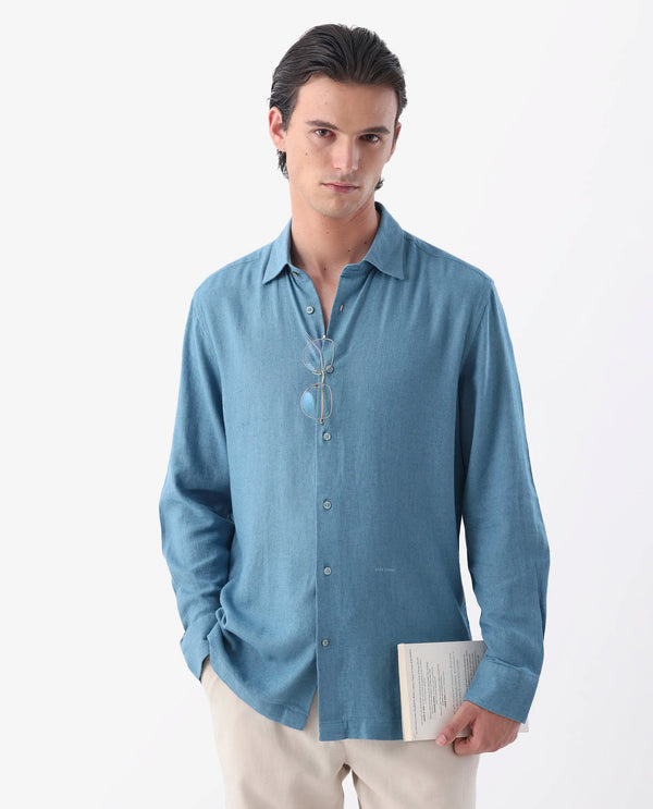 Rare Rabbit Men's Lunet Light Blue Linen Full Sleeves Solid Shirt