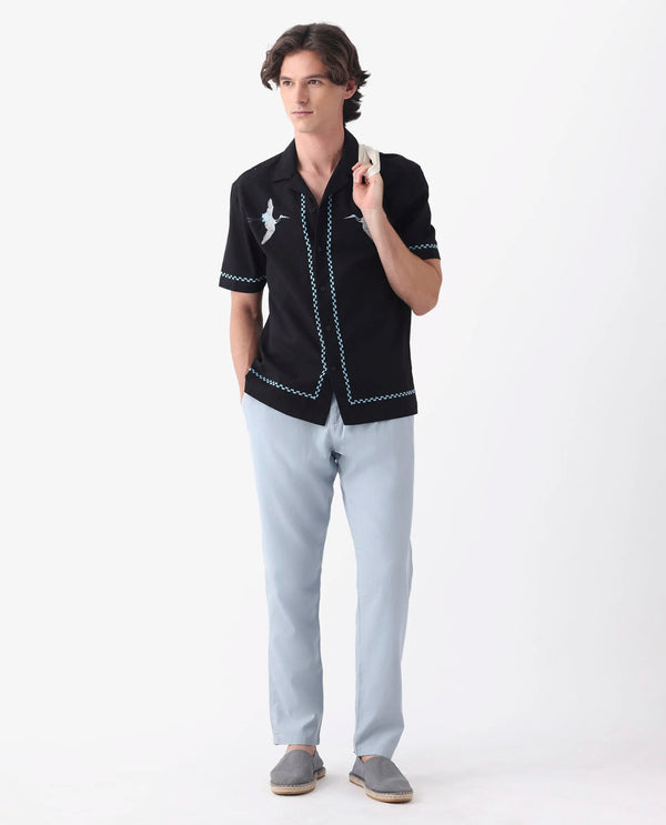 Rare Rabbit Mens Reric Pastel Blue Drawstring Closure Solid Linen Trouser