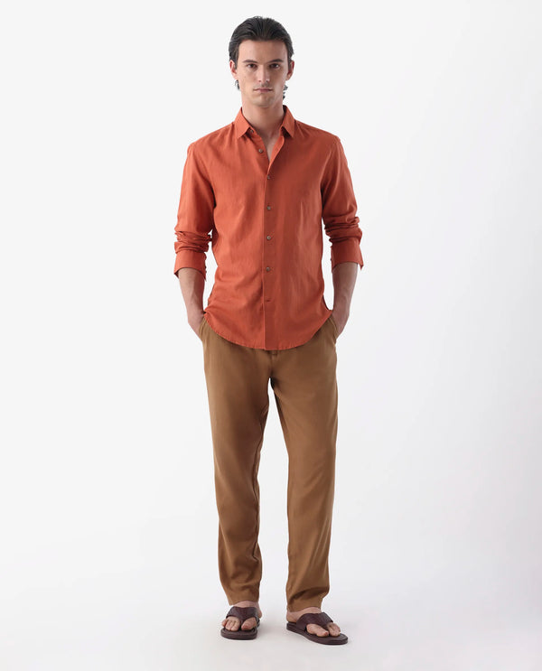 Rare Rabbit Mens Reric Pastel Brown Drawstring Closure Solid Linen Trouser