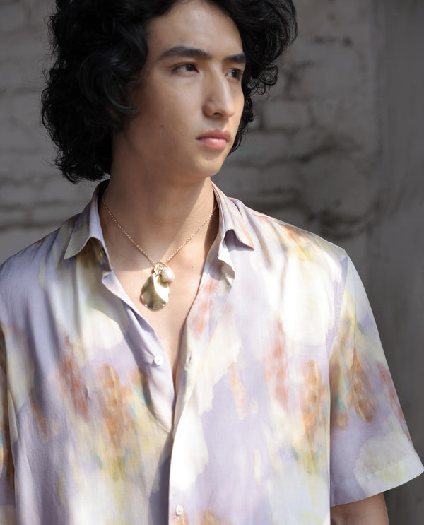 Rare Rabbit Mens Plushy SS Pastel Purple Viscose Fabric Short Sleeve Abstract Print Shirt