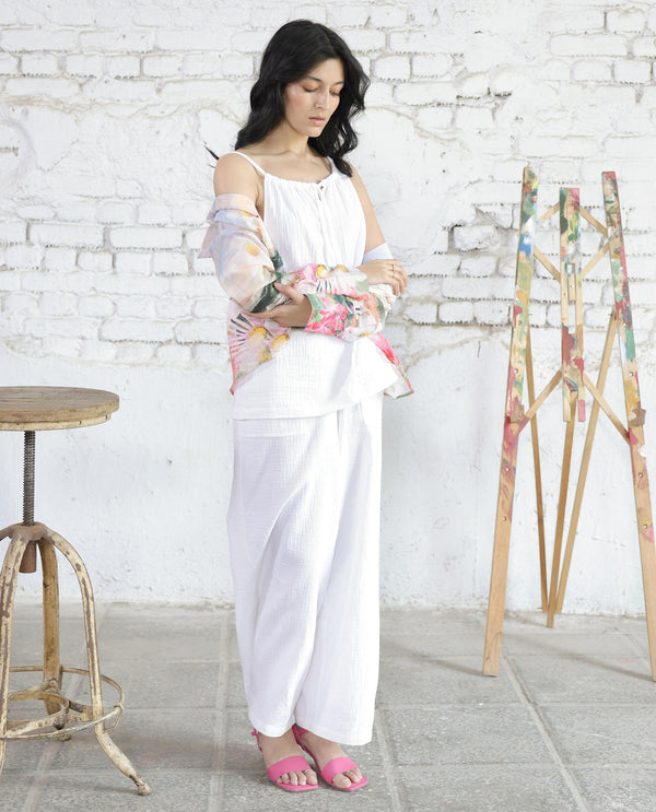 Rareism Women Jorden Pastel White Cotton Fabric Drawstring Closure Wide Leg Fit Plain Ankle Length Trousers