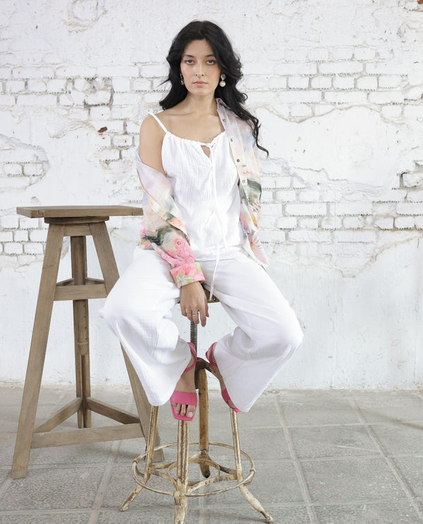 Rareism Women Jorden Pastel White Cotton Fabric Drawstring Closure Wide Leg Fit Plain Ankle Length Trousers