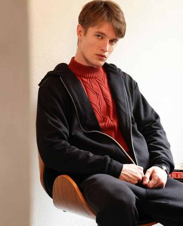 Rare Rabbit Men Anderson-2 Black Full Sleeve Hooded Zipper Closure Plain Sweatshirt