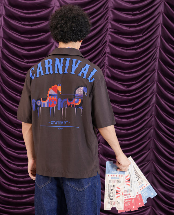 Rare Rabbit Men Carn SS Brown Cotton Fabric Short Sleeves Crew Neck Oversized Fit Printed Shirt