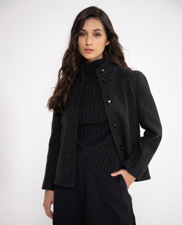 Rareism Women Comico Black Polyester Fabric Full Sleeves Solid Mandarin Collar Jacket