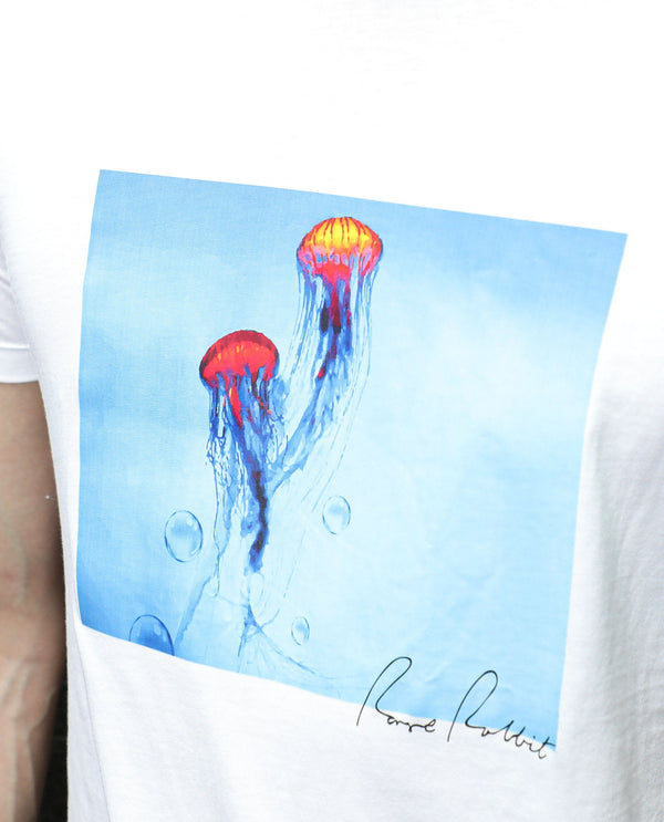 Rare Rabbit Men's Brad White Crew Neck Discharge Graphic Print Half Sleeves Regular Fit T-Shirt