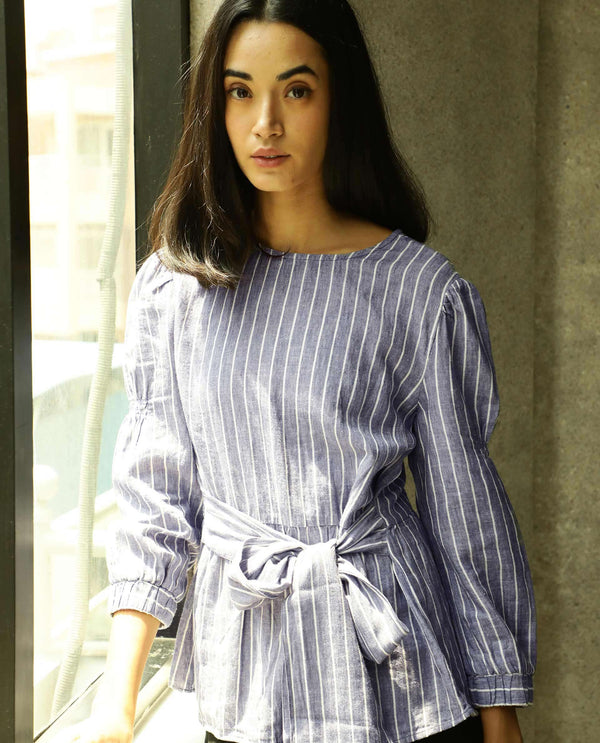 Rareism Womens Livia Blue Top Cotton Linen Fabric Regular Fit Volume Sleeve Round Neck