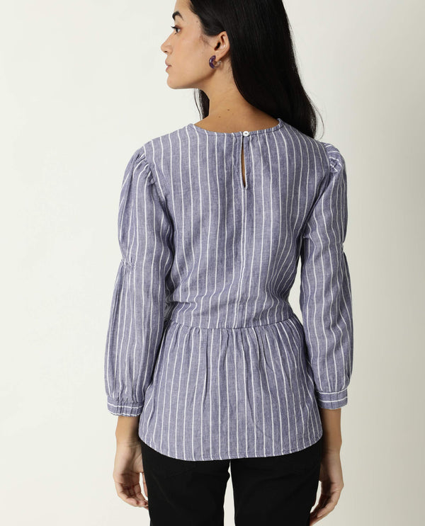 Rareism Womens Livia Blue Top Cotton Linen Fabric Regular Fit Volume Sleeve Round Neck