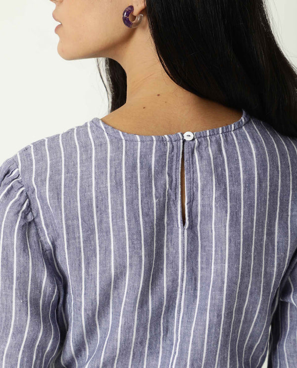 Rareism Womens Livia Blue Top Cotton Linen Fabric Regular Fit Volume Sleeve Round Neck