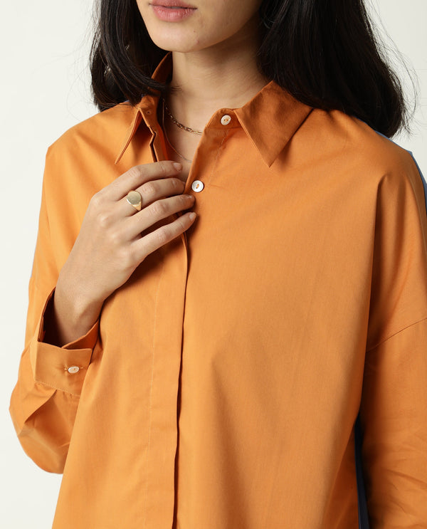 Rareism Womens Nellore Orange Top Cotton Lycra Fabric Regular Fit Full Sleeve Collared Neck