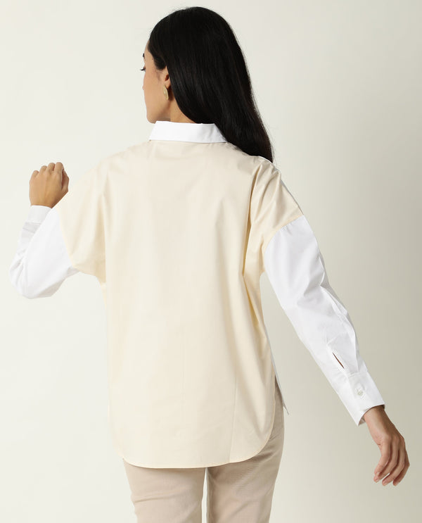 Rareism Women Nellore White Cotton Lycra Fabric Regular Fit Shirt Collar Full Sleeves Solid Top