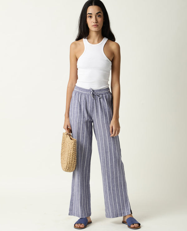 Rareism Women Helena Blue Cotton Linen Fabric Relaxed Fit Mid Rise Striped Ankle Length Trousers