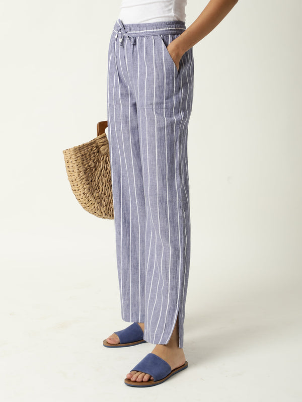 Rareism Women Helena Blue Cotton Linen Fabric Relaxed Fit Mid Rise Striped Ankle Length Trousers