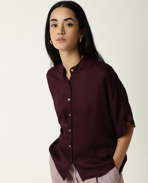 Rareism Women Paige Dark Maroon Modal Satin Fabric Slim Fit Collarless 3/4Th Sleeves Solid Top