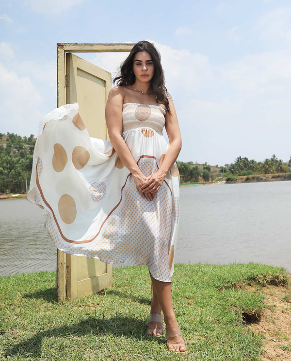 Rareism Women Culliete Beige Cotton Fabric Sleeveless Tube Neck Shoulder Straps Regular Fit Polka Midi Empire Dress