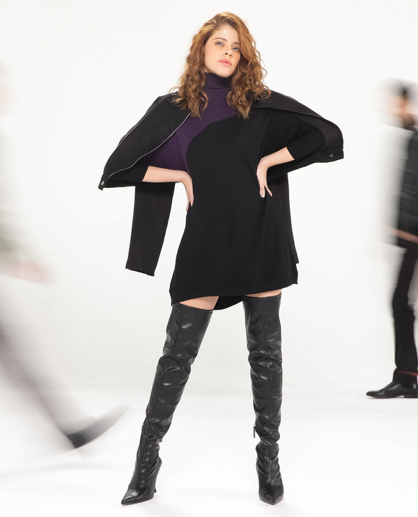Rareism Women Spaton Purple Acrylic Fabric Full Sleeves Knee Length Regular Fit Color Blocked High Neck Sweater