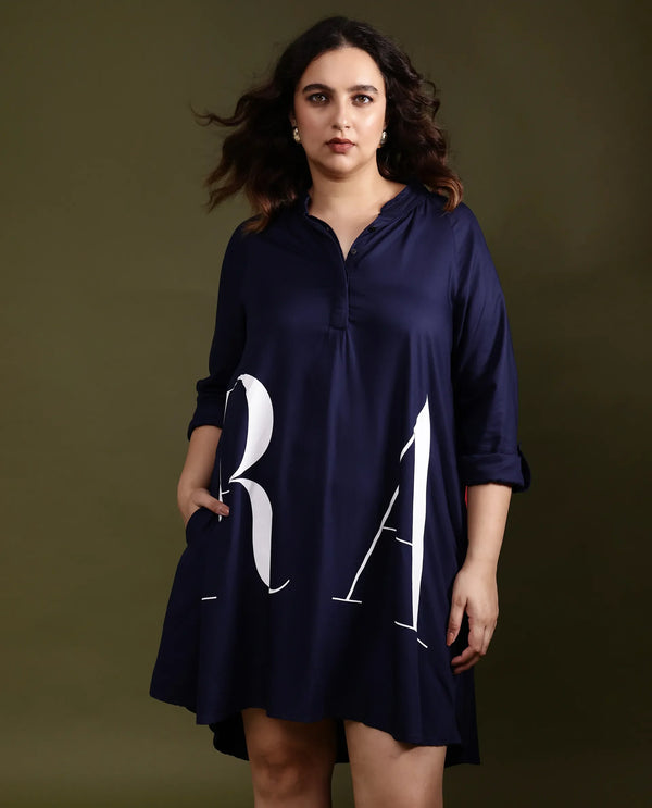 Rareism Women's Leor Dark Blue Tencel Fabric Mandarin Collar Button Closure Full Sleeve Graphic Print A-Line Short Dress