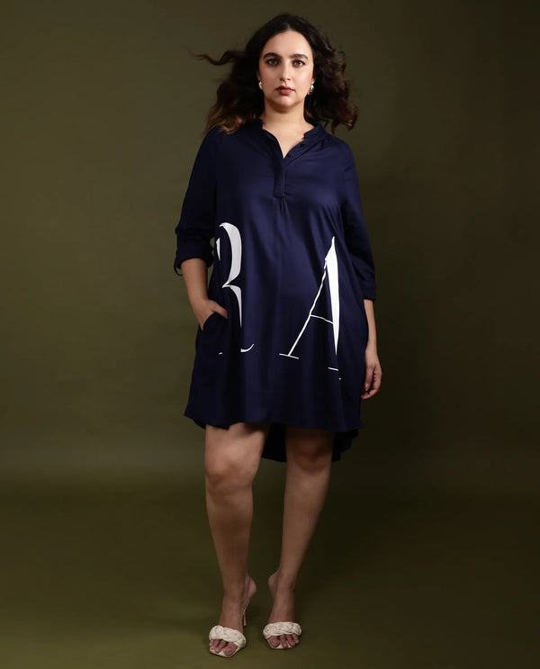 Rareism Women's Leor Dark Blue Tencel Fabric Mandarin Collar Button Closure Full Sleeve Graphic Print A-Line Short Dress